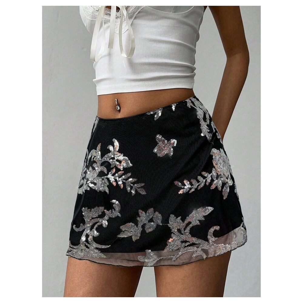 9075 Sequin Skirt Summer Floral Mesh Glitter Sparkly Mini Skirt Black Small - Picture 4 of 6